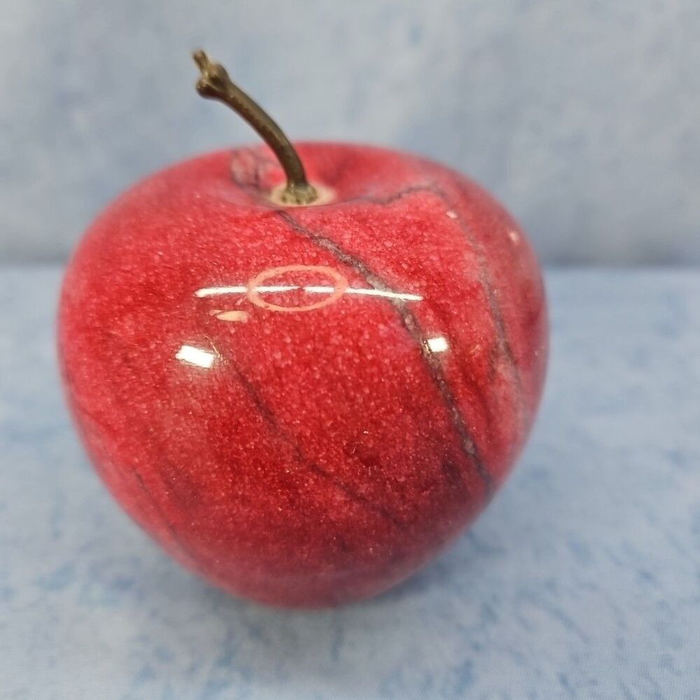 Vintage Red Marble Apple Paperweight Carved Alabaster Stone Fruit
